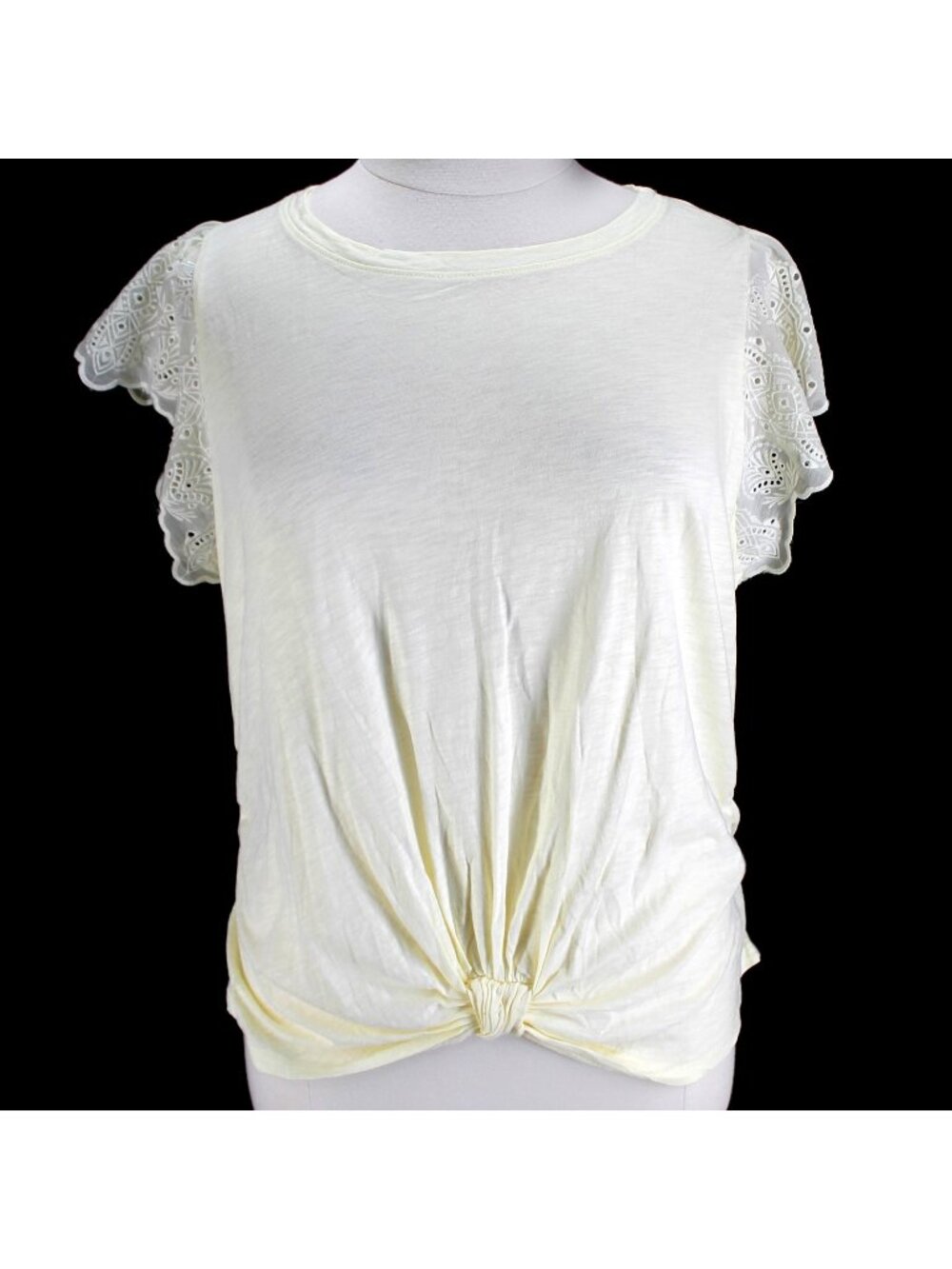 Democracy Knit Top Womens Size 1X Yellow Eyelet Flutter Sleeve Knotted Front